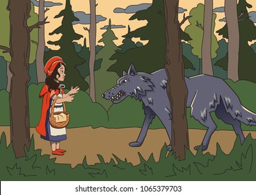 Little red riding hood and big bad wolf in the dark woods. Vector fairy tale illustration.