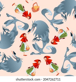 Little Red Riding Hood and Big Bad Wolf. European folk tale. Seamless background pattern. Vector illustration