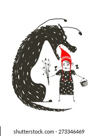 Little Red Riding Hood and Black Scary Wolf. Illustration for the fairy tale, scary wolf and a child. Sketchy artistic drawing. Vector illustration.
