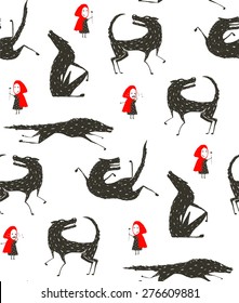 Little Red Riding Hood and Black Wolf Fairy tale Seamless Pattern. Little girl loves bad horrible wolf, black and white. Seamless background. Vector illustration.