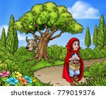 Little red riding hood cartoon character holding her basket walking through the woods to gradmas house as the big bad wolf peeks from around a tree from the fairy tale childrens story.
