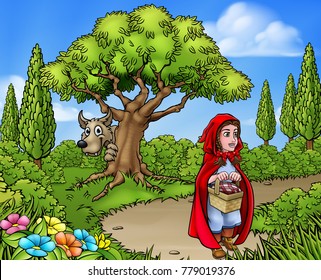 Little red riding hood cartoon character holding her basket walking through the woods to gradmas house as the big bad wolf peeks from around tree from the fairy tale childrens story 