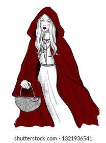 Little Red Riding Hood. Character on white isolated background. Graphic gothic vector illustration