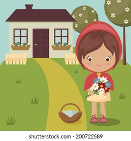 Little Red Riding Hood close to grandma's house with flowers and basket