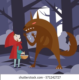 little red riding hood in the dark woods with big bad wolf