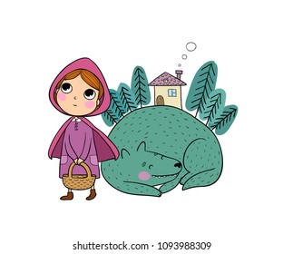 Little Red Riding Hood fairy tale. Little cute girl and  wolf. Hand drawing isolated objects on white background. Vector illustration. 