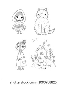 Little Red Riding Hood fairy tale. Little cute girl, wolf, grandmother and house. Hand drawing isolated objects on white background. Vector illustration. 