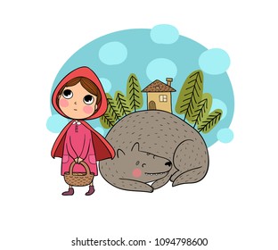 Little Red Riding Hood fairy tale. Little cute girl and wolf. Hand drawing isolated objects on white background. Vector illustration. 