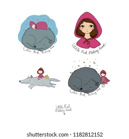 Little Red Riding Hood fairy tale. Little cute cartoon girl  and wolf. Hand drawing isolated objects on white background. Vector illustration. 