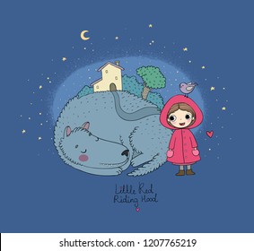 Little Red Riding Hood fairy tale. cute girl and wolf. Vector illustration. 