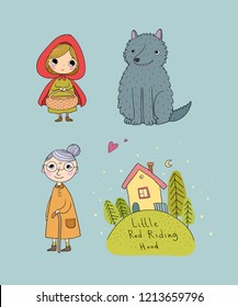 Pequeño cuento de hadas de Red Riding Hood. linda chica y lobo, abuela y casa. Ilustración vectorial. 