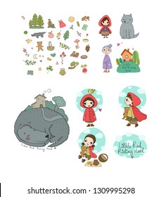 Little Red Riding Hood fairy tale. Little cute girl and wolf.