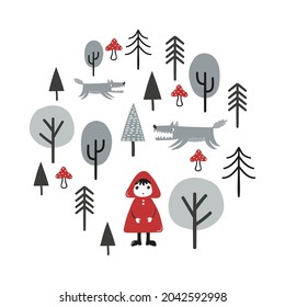 Little Red Riding Hood fairy tale vector illustration. Little girl and wolf in the forest.