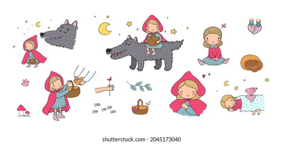 Little Red Riding Hood fairy tale. Little cute girl and big wolf. Hand drawing isolated objects on white background. Vector illustration. 