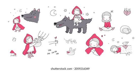 Little Red Riding Hood fairy tale. Little cute girl and big wolf. Hand drawing isolated objects on white background. Vector illustration. 