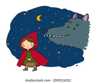 Little Red Riding Hood fairy tale. Little cute girl and big wolf. Hand drawing isolated objects on white background. Vector illustration. 