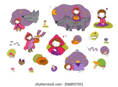 Little Red Riding Hood fairy tale. Little cute girl and big wolf. Hand drawing isolated objects on white background. Vector . 