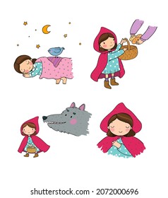 Little Red Riding Hood fairy tale. Little cute girl and big wolf.