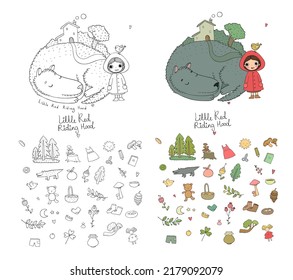 Little Red Riding Hood fairy tale. cute girl and wolf. Vector illustration. for coloring books. Monochrome and colored versions. Worksheet for children and adults 