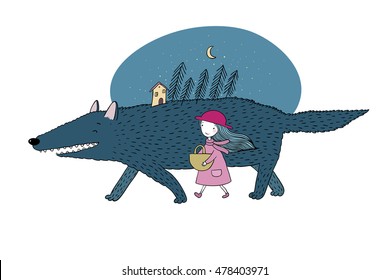 Little Red Riding Hood fairy tale. Little cute girl and big wolf. Fir forest and a small house. Hand drawing isolated objects on white background. Vector illustration. 