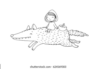 Little Red Riding Hood fairy tale. Little cute girl and big wolf. Hand drawing isolated objects on white background. Vector illustration. Quick sketch.