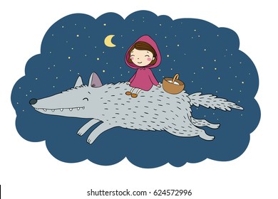 Little Red Riding Hood fairy tale. Little cute girl and big wolf. Hand drawing isolated objects on white background. Vector illustration. 