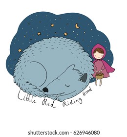 Little Red Riding Hood fairy tale. Little cute girl and big wolf.  Vector illustration. 