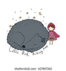 Little Red Riding Hood fairy tale. Little cute girl and big wolf. isolated objects on white background. Vector illustration. 