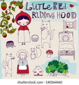 Little Red Riding Hood Fairytale    Hand drawn characters   pictorial elements famous fairytale  including Riding Hood's granny  wolf   forest friends