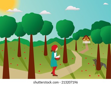 Little Red Riding Hood in the forest meets the wolf