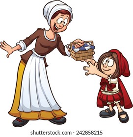 Little Red Riding hood getting a basket from her mother. Vector clip art illustration with simple gradients. Each character on a separate layer. 