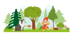 Little Red Riding Hood. Girl Walking With Basket In Forest. Wolf Animal Sitting Among Trees. Fairytale With Happy Child In Dress In Nature Vector Illustration. Female Character Going Vector