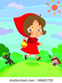 Little red riding hood girl story fairy tale on run in a little dreamy world of kid and children, create by vector