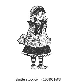 Little Red Riding Hood girl character sketch engraving vector illustration. T-shirt apparel print design. Scratch board imitation. Black and white hand drawn image.