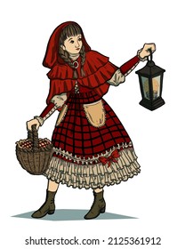 Pequeña capucha roja. Chica en el capó con canasta y farolillos a su manera. Personaje de cuento de hadas. Ilustración del vector