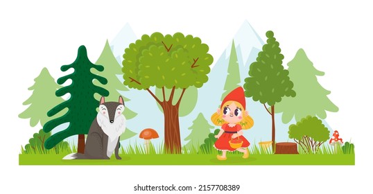 Little Red Riding Hood. Girl walking with basket in forest. Wolf animal sitting among trees. Fairytale with happy child in dress in nature vector illustration. Female character going vector