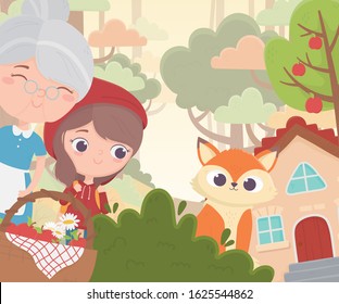 little red riding hood grandma wolf basket house forest fairy tale cartoon vector illustration