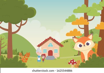 little red riding hood grandma next house and wolf in the forest fairy tale cartoon vector illustration