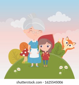 little red riding hood with grandma and wolf nature plants fairy tale vector illustration
