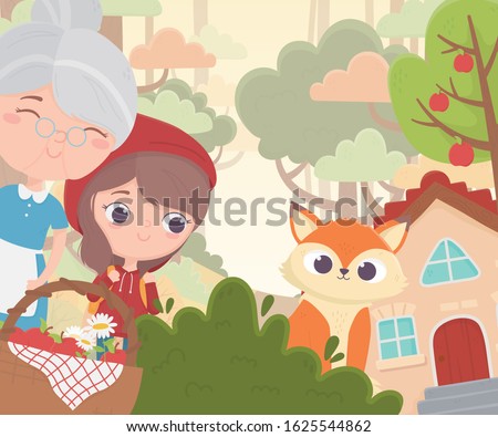 little red riding hood grandma wolf basket house forest fairy tale cartoon vector illustration