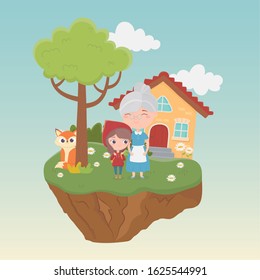 little red riding hood granny wolf house tree flowers grass fairy tale cartoon vector illustration