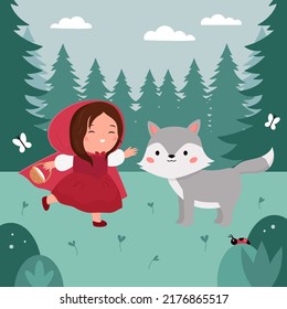 Little Red Riding Hood and gray wolf on forest background. Classical fairy tale for children. Cute kawaii cartoon characters. Girl with basket in hands. Vector illustration.