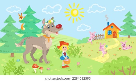 Little Red Riding Hood, grauer Wolf und drei lustige Ferkel in einer Waldverglasung zwischen Bäumen und Blumen. Helden eines Märchens. Sommerlandschaft. Im Cartoon-Stil. Vektorflache Illustration.