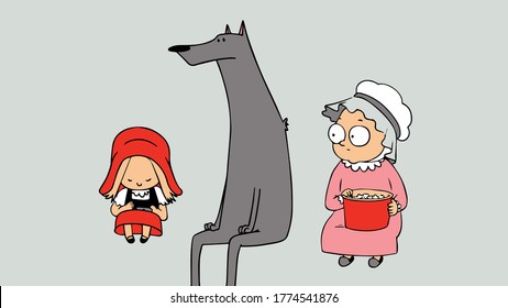 Little Red Riding Hood has his head down and his eyes closed, grandma holds a bucket of popcorn in her hand, the wolf stands next to her and looks to one side, the story of Little Red Riding Hood.