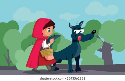 
Chapeuzinho Vermelho Segurando Telefone Encontrando Wolf Cartoon. Menina de conto de fadas tentando encontrar assistência on-line e apoio perdido em uma floresta 
