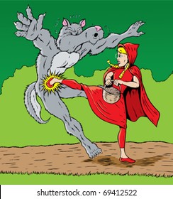 Little Red Riding Hood kicking the wolf, good for self defense.