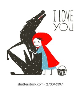 Little Red Riding Hood Loves Black Wolf. Little Red Riding Hood hugs wolf, illustration for the fairy tale. Vector illustration.