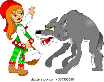 Little Red Riding Hood meeting a wolf, vector and illustration