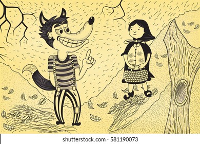 Little red riding hood meets wolf in a forest. Vector illustration in old comics style for fairy tail.