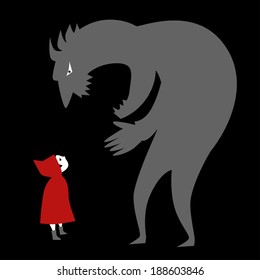 Little Red Riding Hood And A Predator. Conceptual Illustration On Child Abuse 